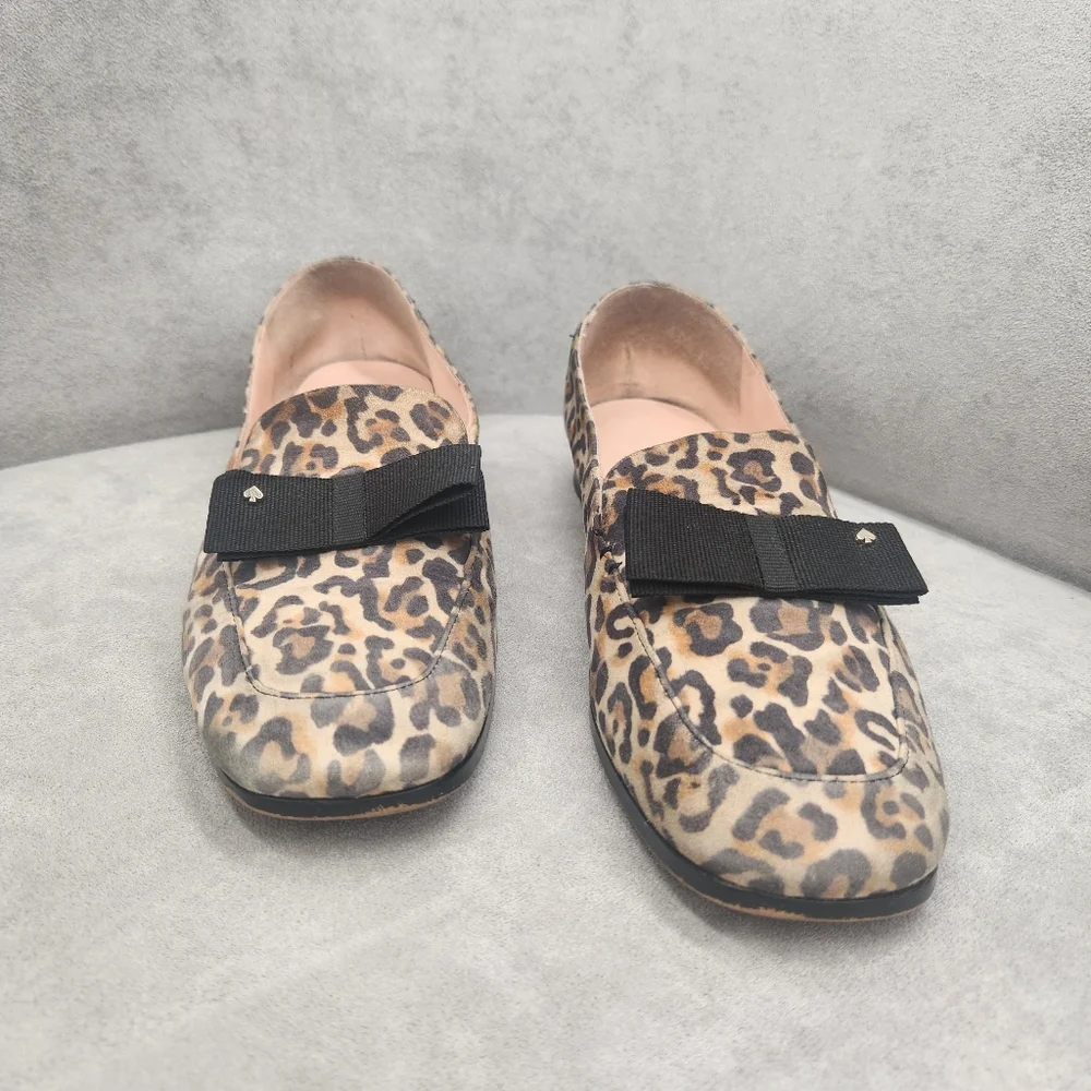 Kate Spade Loafers 8.5 Leopard Tan Leather Daphne Black Bow Logo Animal Print